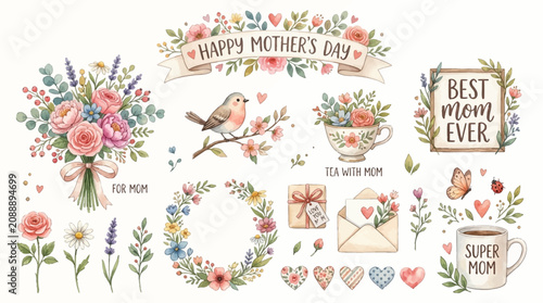 Fotografía Happy Mother's Day floral illustrations with colorful flowers and heartfelt mess