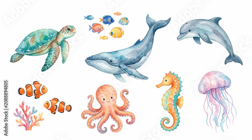 Photography Vibrant ocean creatures swim together in a colorful underwater scene with fish, turtle, and dolphin
