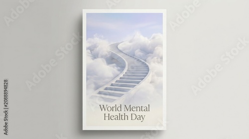 Stairway leading to clouds in the sky for world mental health day poster concept with spiritual and hopeful feeling