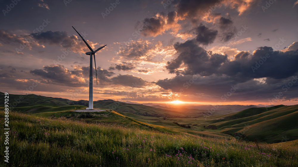 Obraz premium Single wind turbine in rolling green hills at sunset with dramatic clouds, suitable for renewable energy, nature, and landscape photography