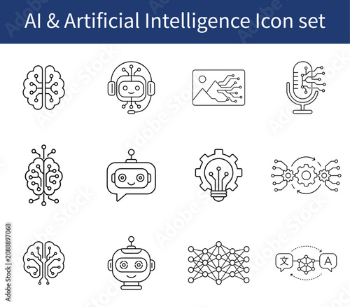 AI & Artificial Intelligence line icons with AI machine learning, chatbot, neural network and automation symbols. Future tech icon set for data processing, smart systems, web and app interfaces