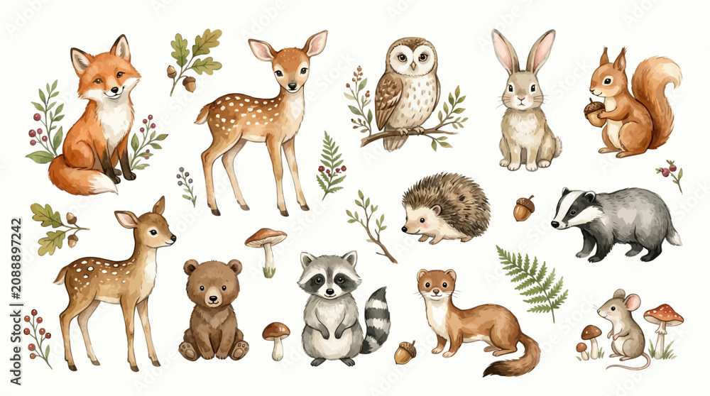 Obraz premium Various forest animals gather in a serene natural setting with plants and mushrooms