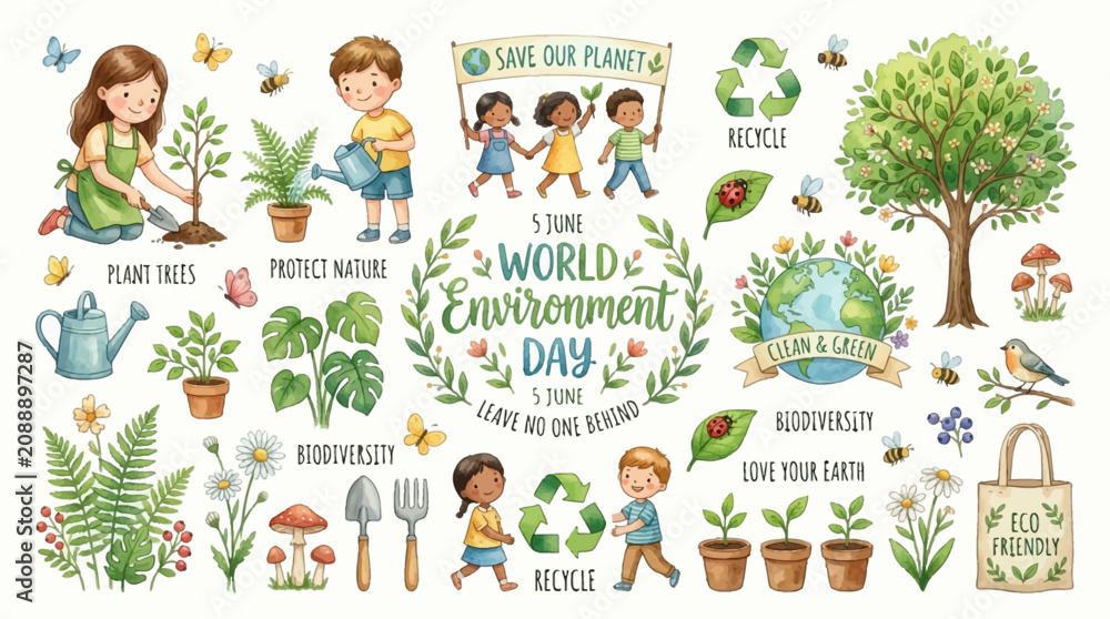 Fototapeta premium Children celebrate World Environment Day by planting trees and protecting nature outdoors together.
