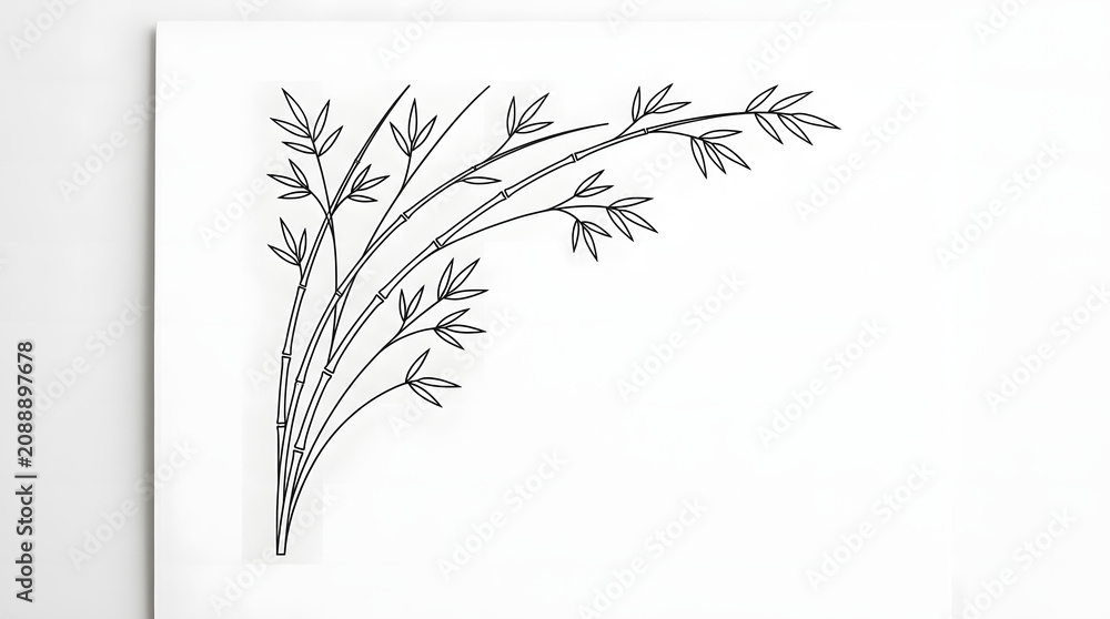 Obraz premium Minimalist bamboo corner ornament featuring black ink brush strokes on a clean white background