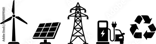 Innovative vector icon set featuring renewable green energy, solar panels, and smart power grid infrastructure elements