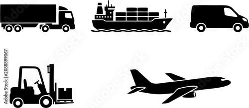Comprehensive vector icon set featuring global logistics, shipping cargo trucks, and freight transportation elements
