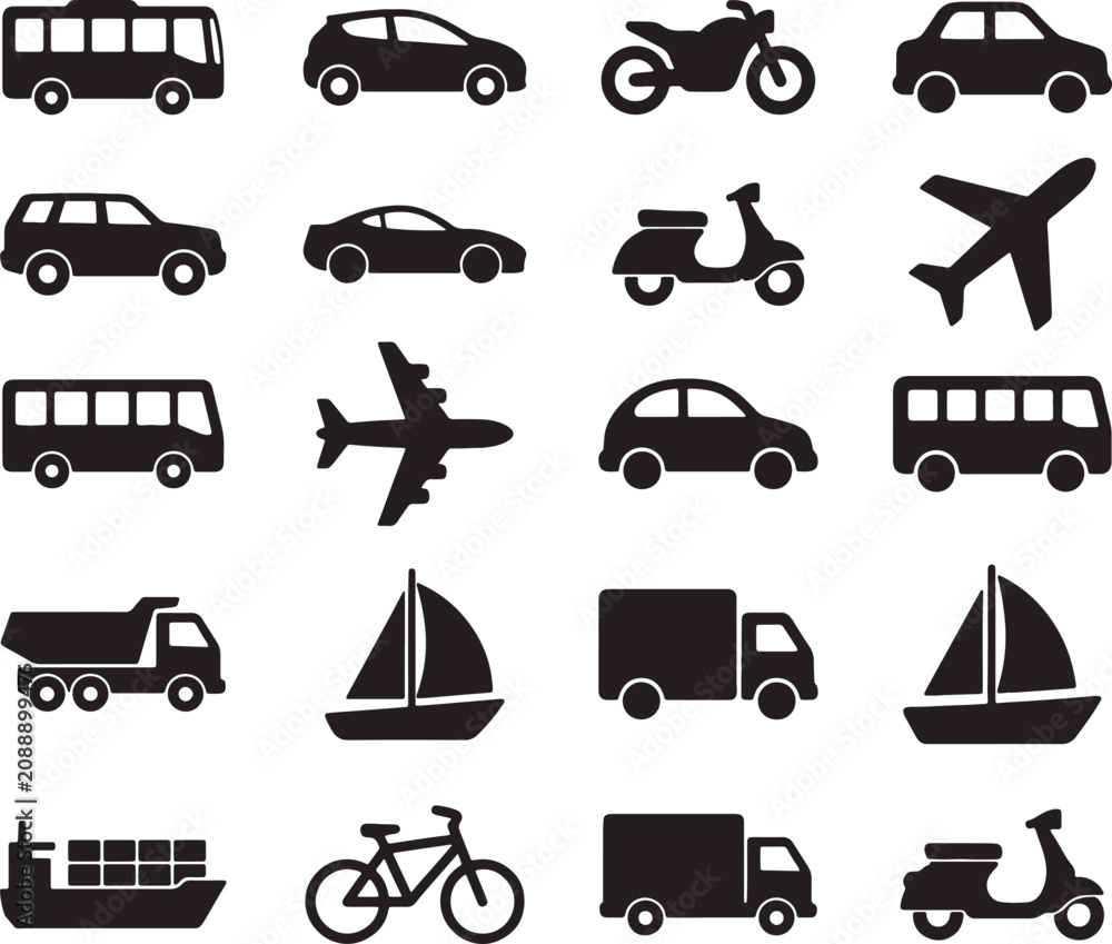 Fototapeta premium Collection Of Transportation Vehicle Silhouettes For Design And Infographics