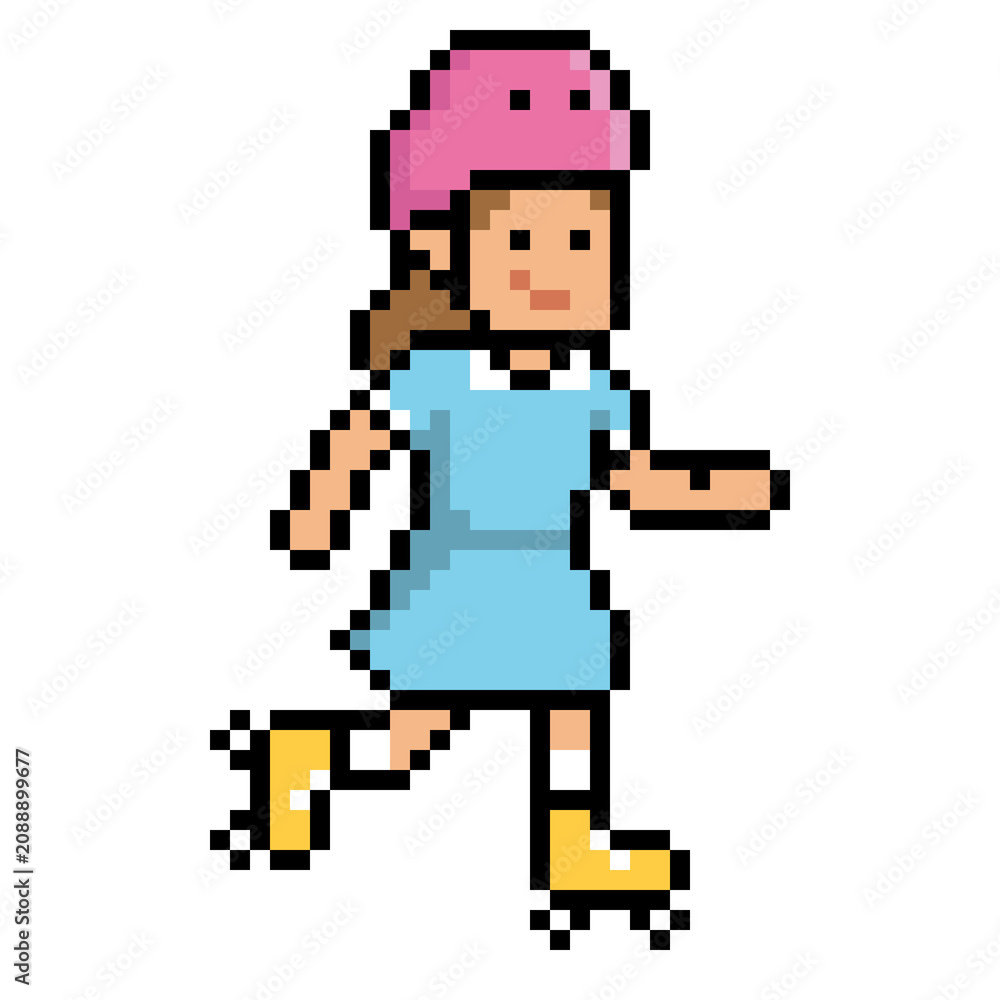 Fototapeta premium Cute female roller skater character wearing a pink helmet and blue dress skating on yellow quad skates