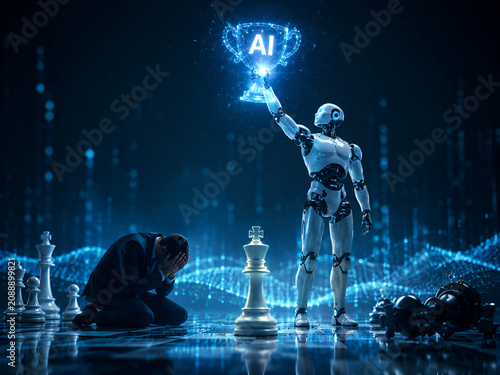 Humanoid Robot Celebrating AI Victory Over Defeated Human Beside Chess King in Futuristic Digital Competition Scene