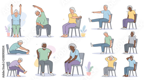 Senior citizens performing various seated exercises and stretching for physical fitness