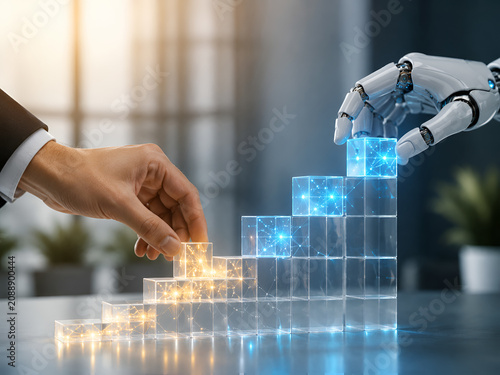 Human and robot hands building glowing staircase blocks together in AI collaboration and shared business growth concept
