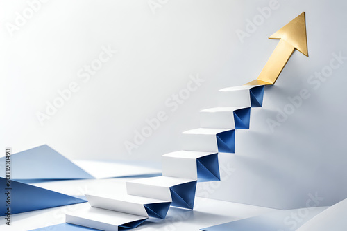 Minimal White Staircase with Golden Arrow Rising Upward, Business Growth Success and Career Progress Concept