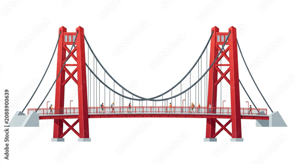 Fototapeta premium Red suspension bridge illustration with pedestrians walking on it isolated on white background