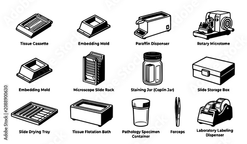 Konstfotografi Medical Histology Pathology Laboratory Equipment Icon Set Featuring Microtome Pa