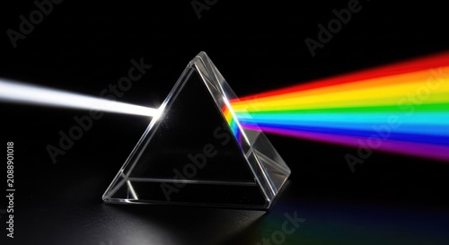 A sharp beam of white light enters a transparent triangular glass prism, refracting into a vibrant rainbow spectrum on a dark background, illumination, geometry, triangular