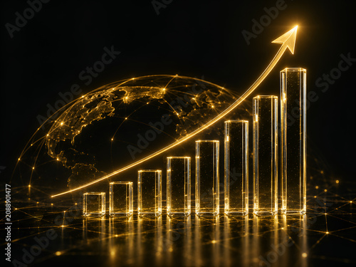 Golden global business growth chart with rising bars and upward arrow over illuminated world network