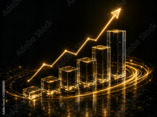 Golden 3D Bar Chart With Rising Arrow Showing Financial Growth, Investment Success and Positive Business Performance