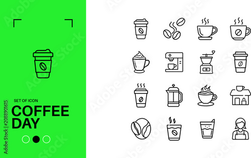 International Coffee Day Line Icon Set Cafe Beverage Coffee Shop Editable Stroke Vector