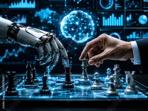 Human and robot hands playing chess with glowing AI brain and analytics screens in strategic intelligence concept