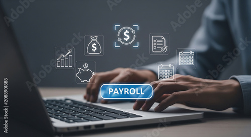 Digital payroll interface with glowing icons showing finance, calendar, and workflow, concept for business operations, HR management and accounting software.