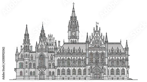 Fotografía Detailed architectural drawing of a grand gothic style city hall building with c