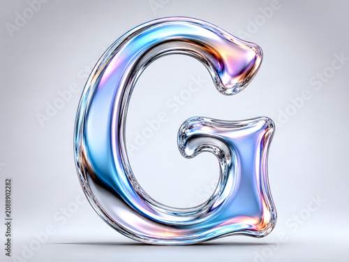Iridescent Liquid Glass Letter G with Glossy Holographic 3D Design on Minimal White Background, Modern Colorful Typography