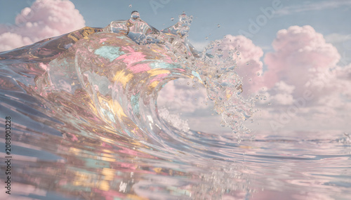 Surreal Glass Ocean Wave with Pastel Clouds