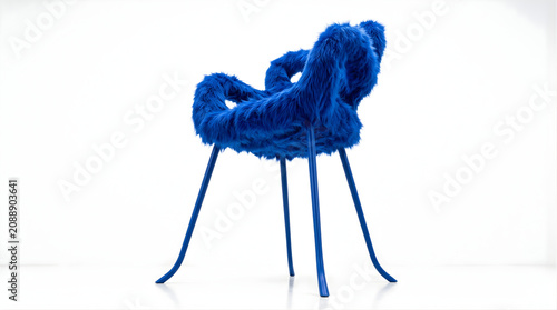 Modern furry accent chair isolated on white background. Luxury designer furniture with soft faux fur upholstery, minimalist style 