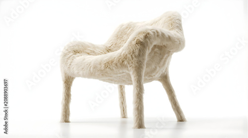 Modern furry accent chair isolated on white background. Luxury designer furniture with soft faux fur upholstery, minimalist style 