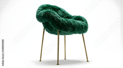 Modern furry accent chair isolated on white background. Luxury designer furniture with soft faux fur upholstery, minimalist style 