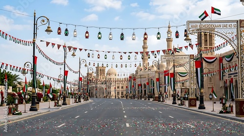 Vibrant UAE National Day Celebration with Flags Lanterns and Islamic Architecture on Dubai Street
