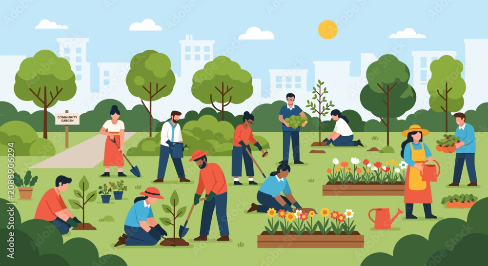 Fototapeta premium Diverse group of people volunteering in a community garden, planting trees and watering flowers in a city park