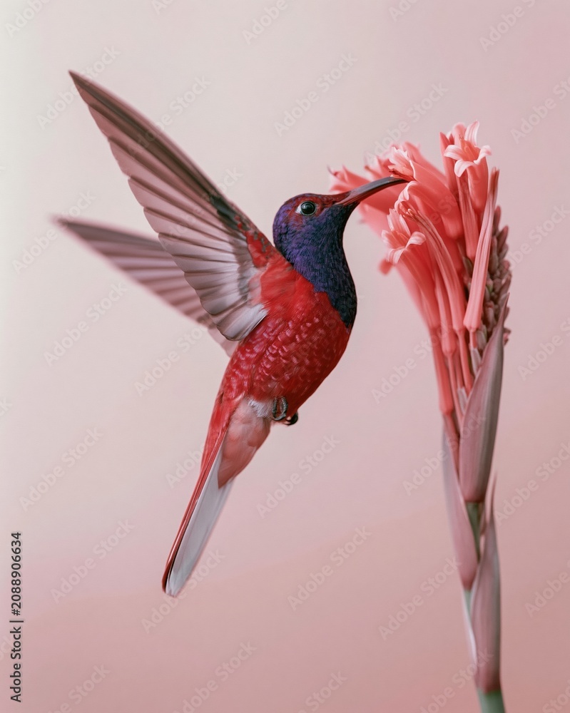 Fototapeta premium Red hummingbird hovering by a pink tropical flower against a soft pastel background for nature and wildlife conservation themes