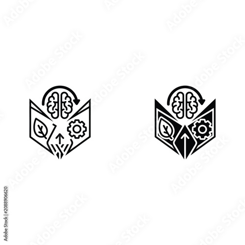 Abstract logo with brain, book, and gear icons representing education and technology