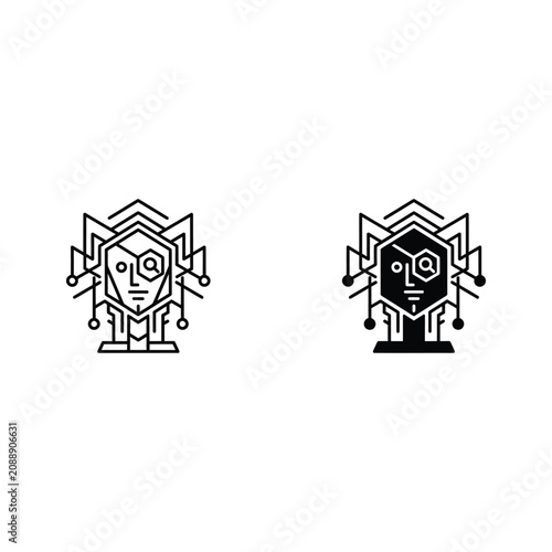 Two abstract human faces with geometric and electronic elements, symbolizing modern