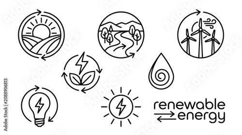 Bild auf Leinwand Line art icons representing renewable energy sources (solar, wind, hydro, biomas
