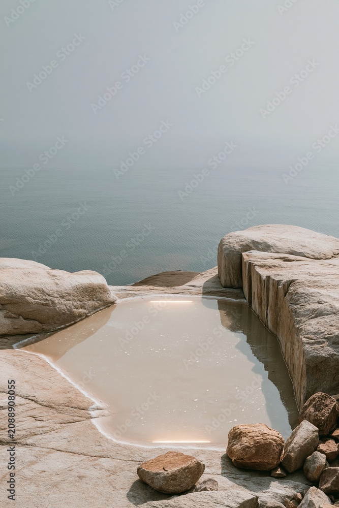 Obraz premium Minimalist stone pool with glowing water overlooking a hazy sea for luxury wellness and premium spa branding