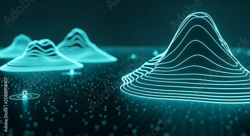 Data visualization concept featuring glowing 3D topographic mountain maps visualization topographic mountain technology abstract information analysis statistics landscape particle geometric
