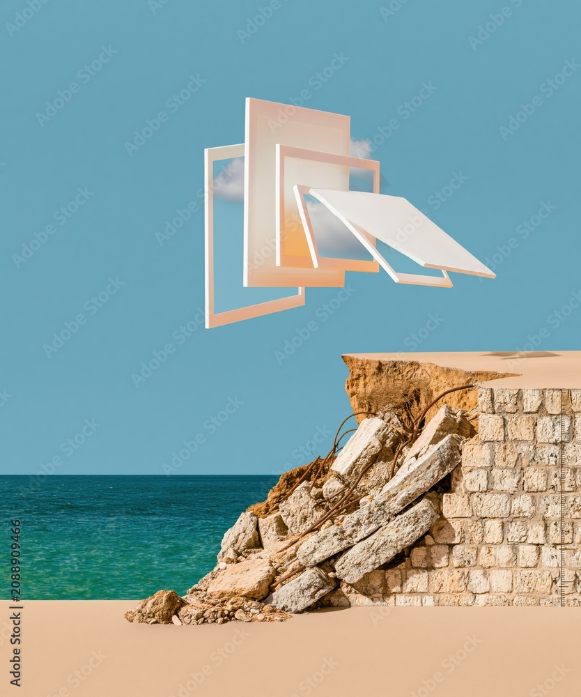 Fototapeta premium Blank floating information panels hover over a collapsed stone seawall and eroded coastline for environmental disaster and climate change reporting