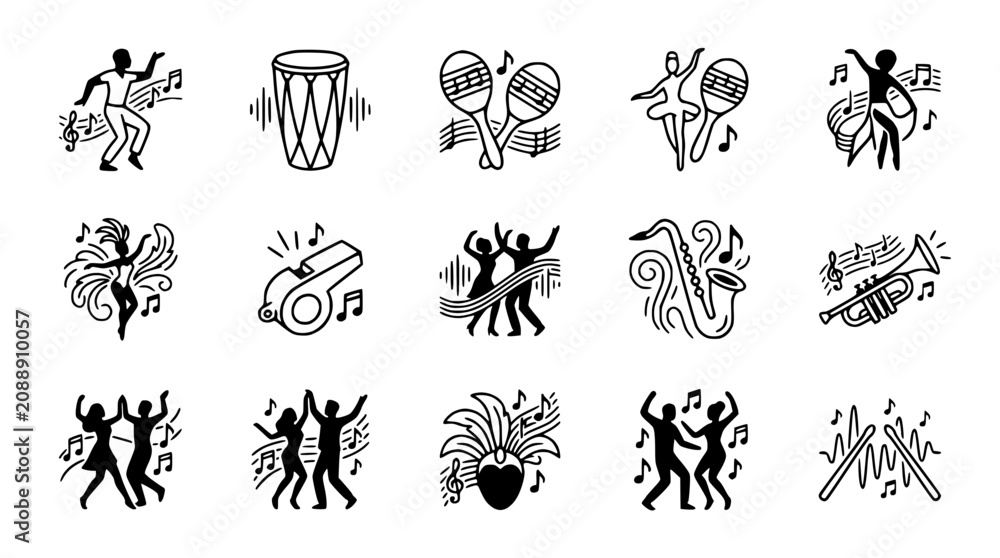 Obraz premium Music and Dance Icons: Festive Celebration, Rhythm, and Instruments Collection