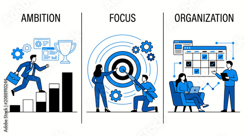 Illustration of ambition, focus, and organization driving productivity, teamwork, and strategic planning in a modern business environment.