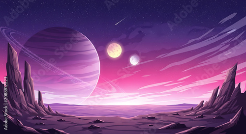 Alien planet surface with rocky landscape and twin suns in purple sunset sky landscape astronomy exploration extraterrestrial atmospheric unexplored celestial environment