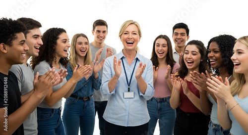 明るいスタジオの光が満ち溢れる中で多様な若者たちが中央の指導的女性を温かい笑顔と力強い拍手で囲み達成の喜びと成功を心から分かち合う感動的なシーン. AI Generated