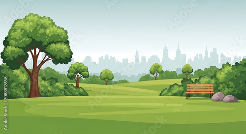 Peaceful park scene with green lawn trees and a bench overlooking city skyline landscape environment background illustration