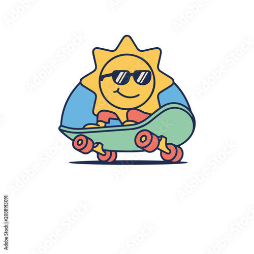 Cartoon sun riding a skateboard. Retro summer graphic print for t-shirt. Flat design logo isolated on white