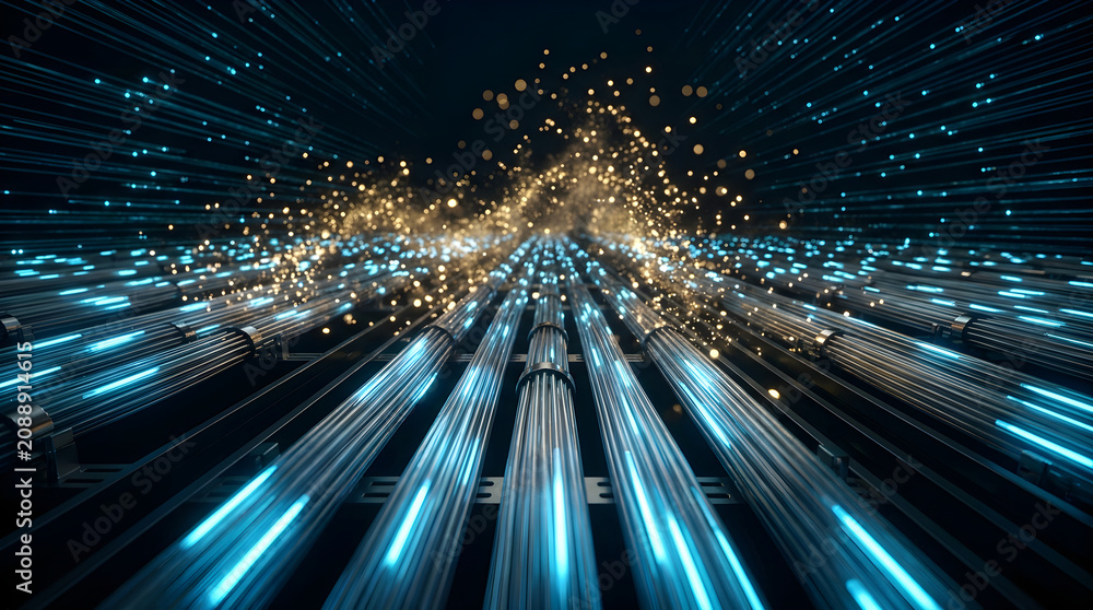 Fototapeta premium Abstract representation of highspeed data flow through fiber optic cables with glowing light particles