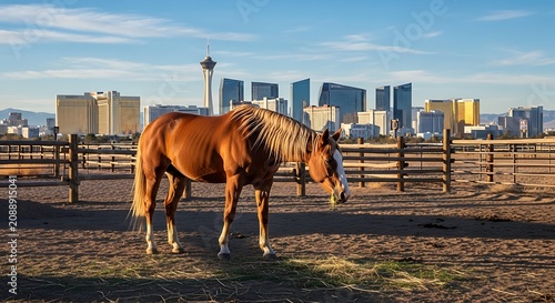 Brown Horse Grazing in Fenced Field with City Skyline.