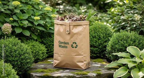 Brown paper garden waste bag filled with organic debris in a lush green garden.