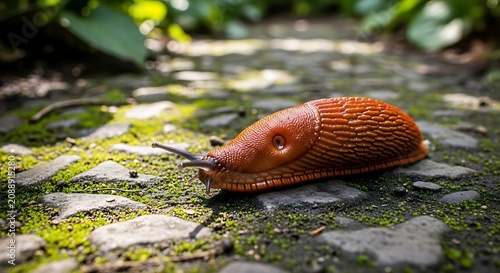 Brown Snail Crawling on Mossy Stone Path.