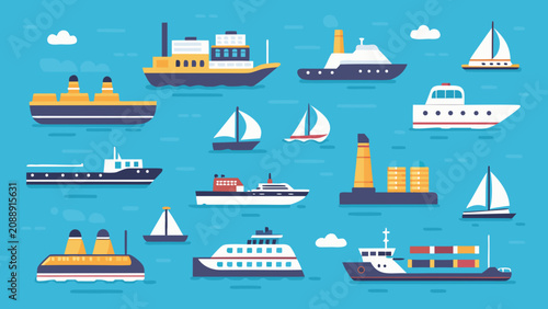 Canvas Print Diverse watercraft collection flat vector illustration with a blue background